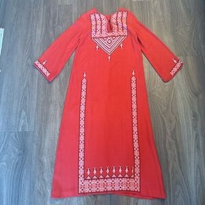 Vintage 1960s long, bohemian Elegant Red Embroidered Dress